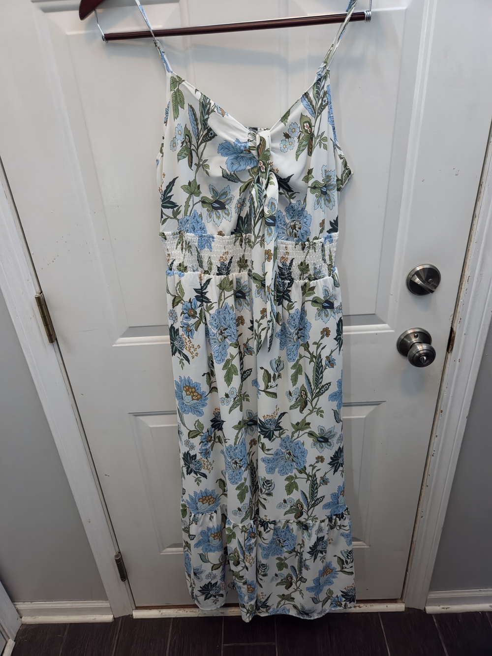 Floral Tie-Front Maxi Jumpsuit in White and Blue